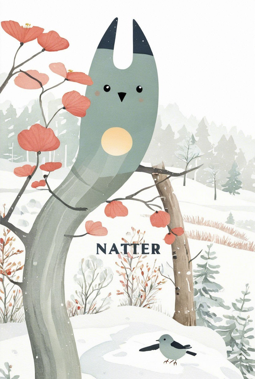 Whimsical tree scene with creature and red leaves