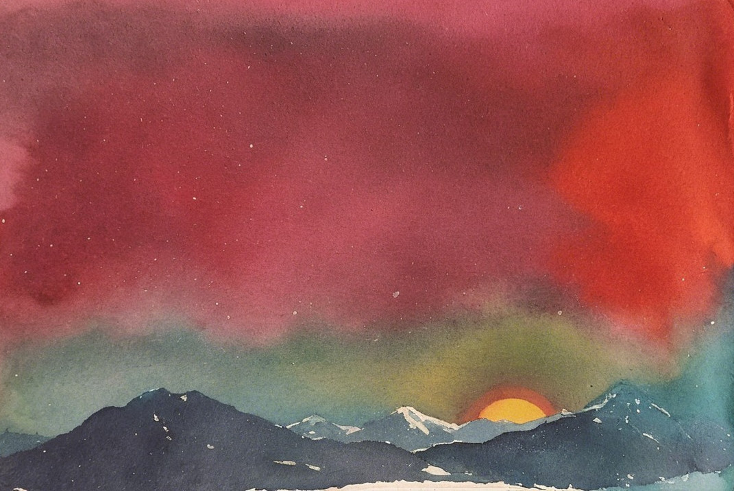 Vibrant Watercolor Sunset Over Mountainous Landscape