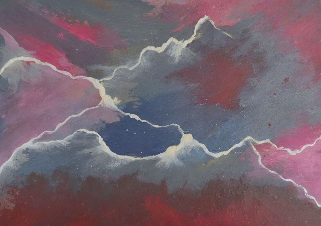 Vibrant Abstract Landscape with Swirling Clouds and Mountains