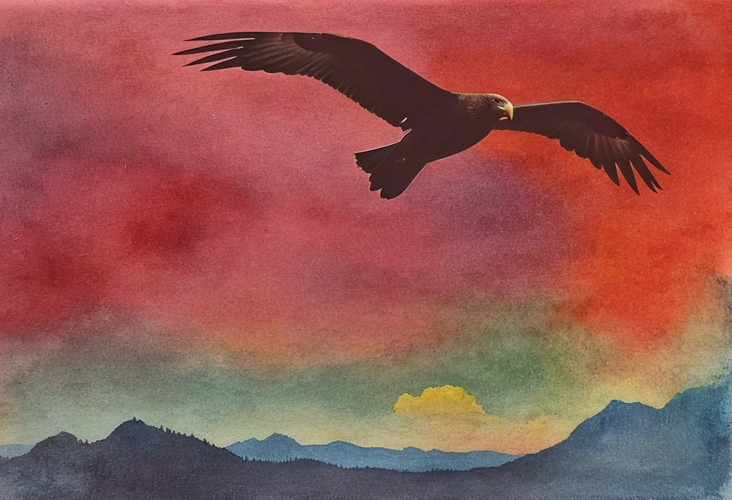 Eagle Soaring Over Vibrant Dusk Sky and Mountains