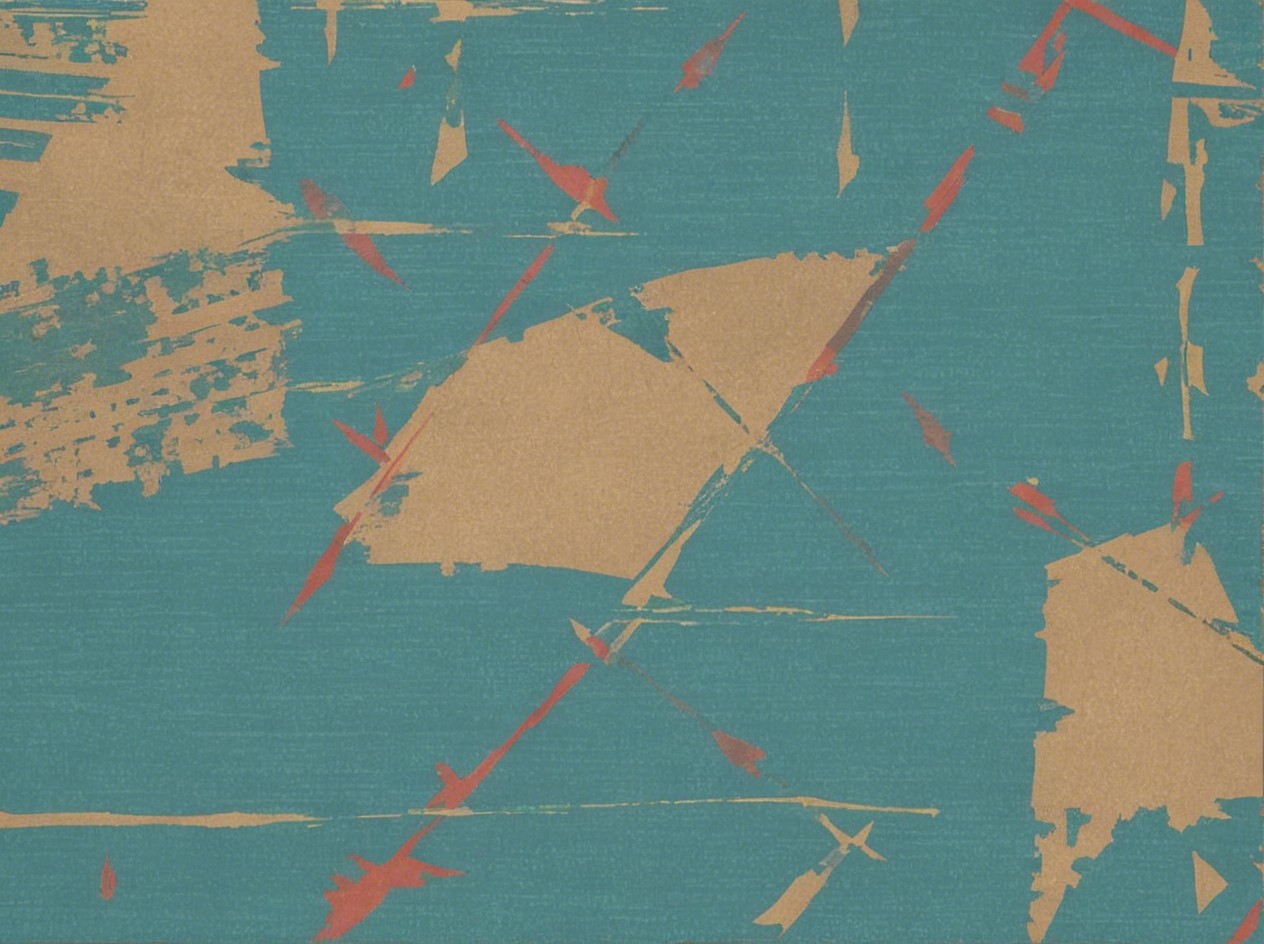 Teal Abstract Image with Tan Shapes and Red Lines
