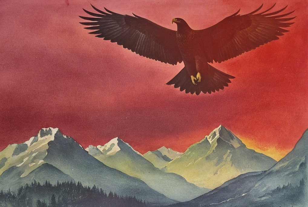 Eagle Soaring Over Snow-Capped Mountains at Sunset