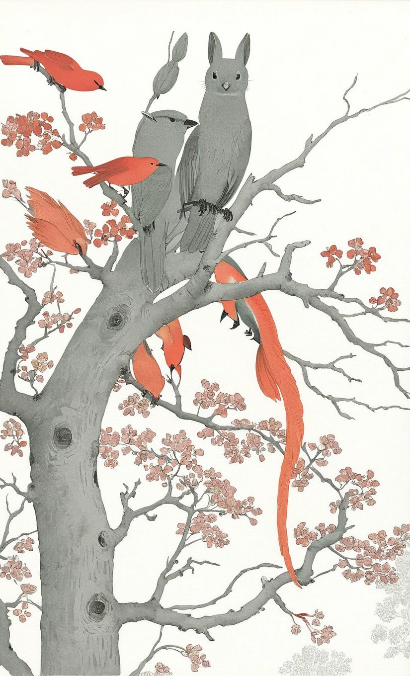 Artistic depiction of a blossoming tree with animals