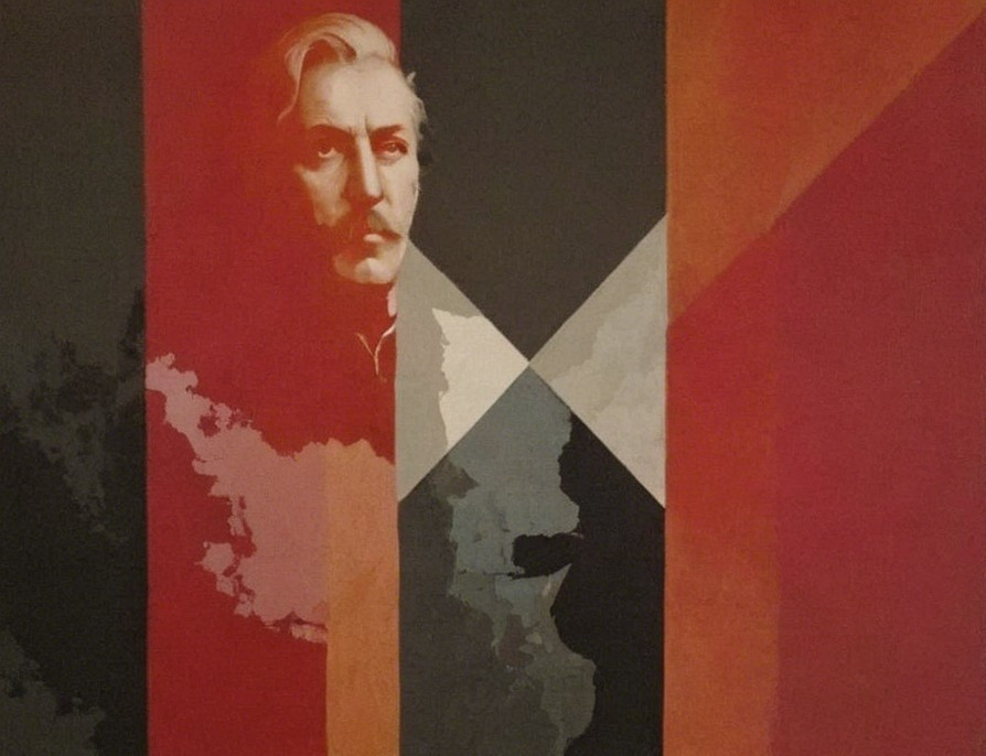 Mixed Media Artwork of Male Bust on Dark Red Background