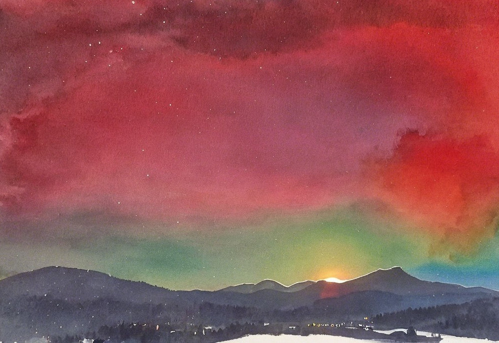 Watercolor Landscape of Sunset Over Rolling Hills