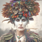 Portrait of a woman in an elaborate feather headdress