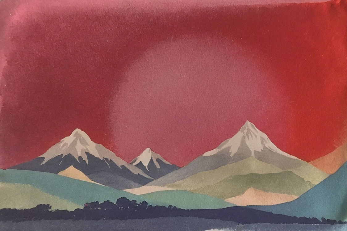 Watercolor Landscape of Mountains and Vibrant Sky