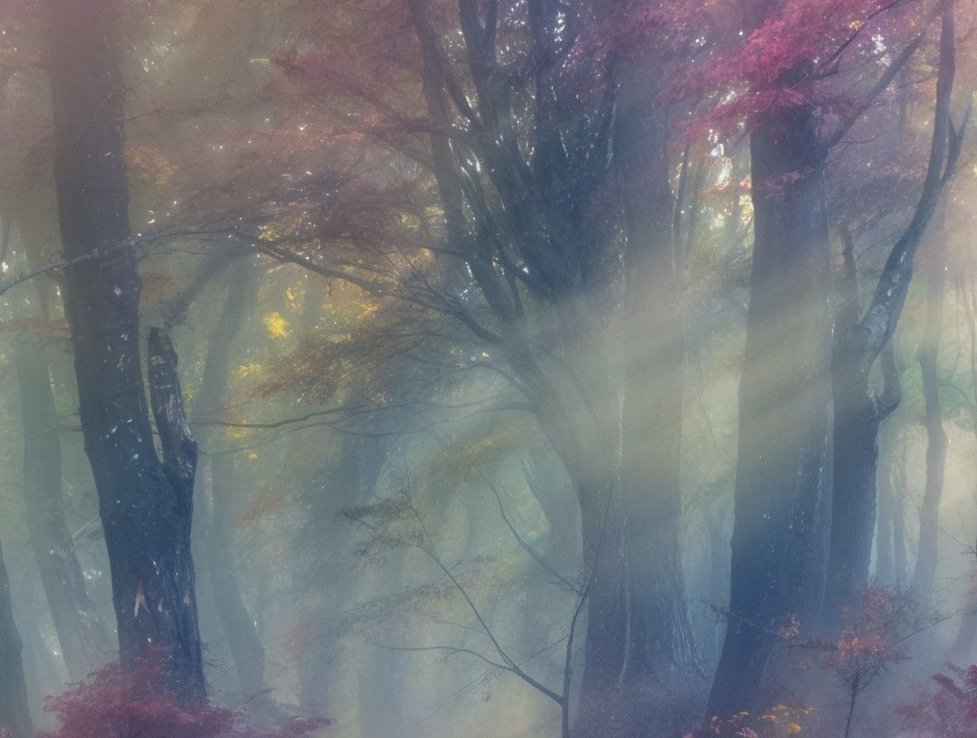 Mystical Forest with Autumn Leaves and Soft Mist