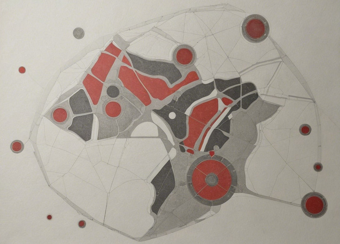 Abstract Geometric Composition in Red, Gray, and White