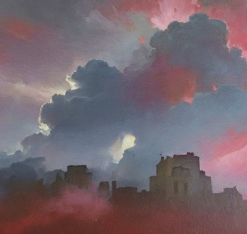 Dramatic Sky with Swirling Clouds Over City Skyline