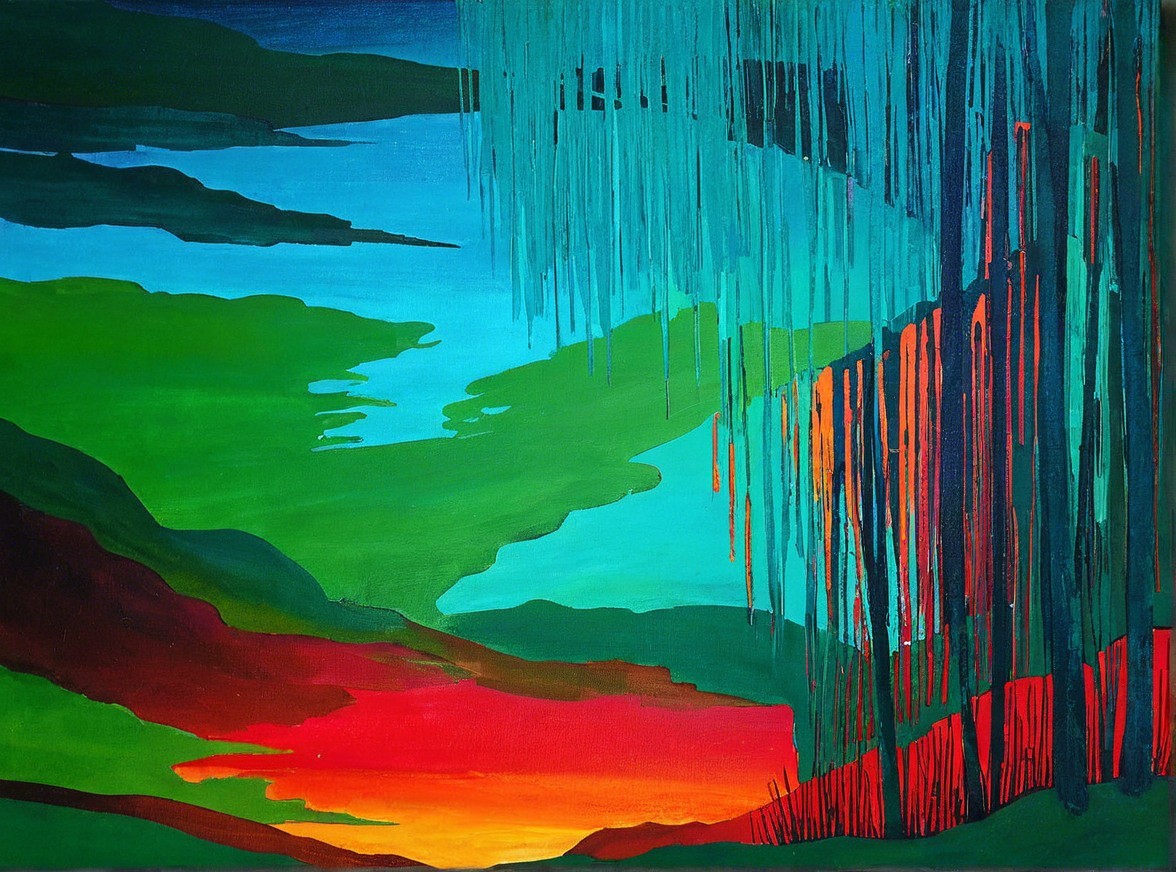 Vibrant Abstract Landscape with Bold Colors and Lines