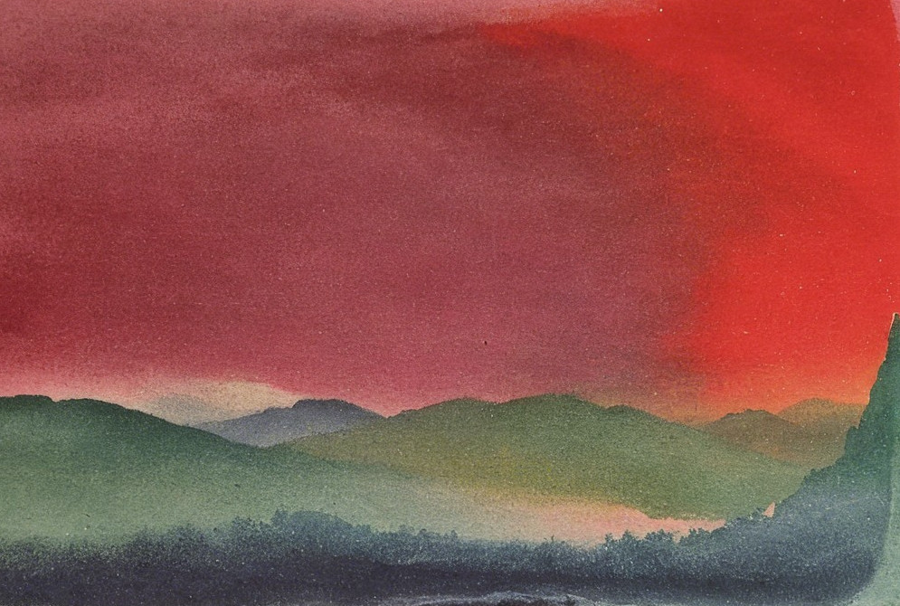 Vibrant Sunset Over Rolling Hills and Tranquil Water