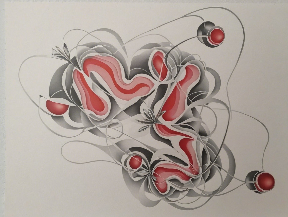 Abstract Design with Fluid Red and Gray Forms