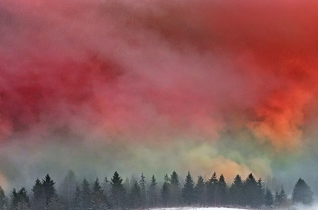 Vibrant Red and Green Landscape with Evergreen Silhouettes