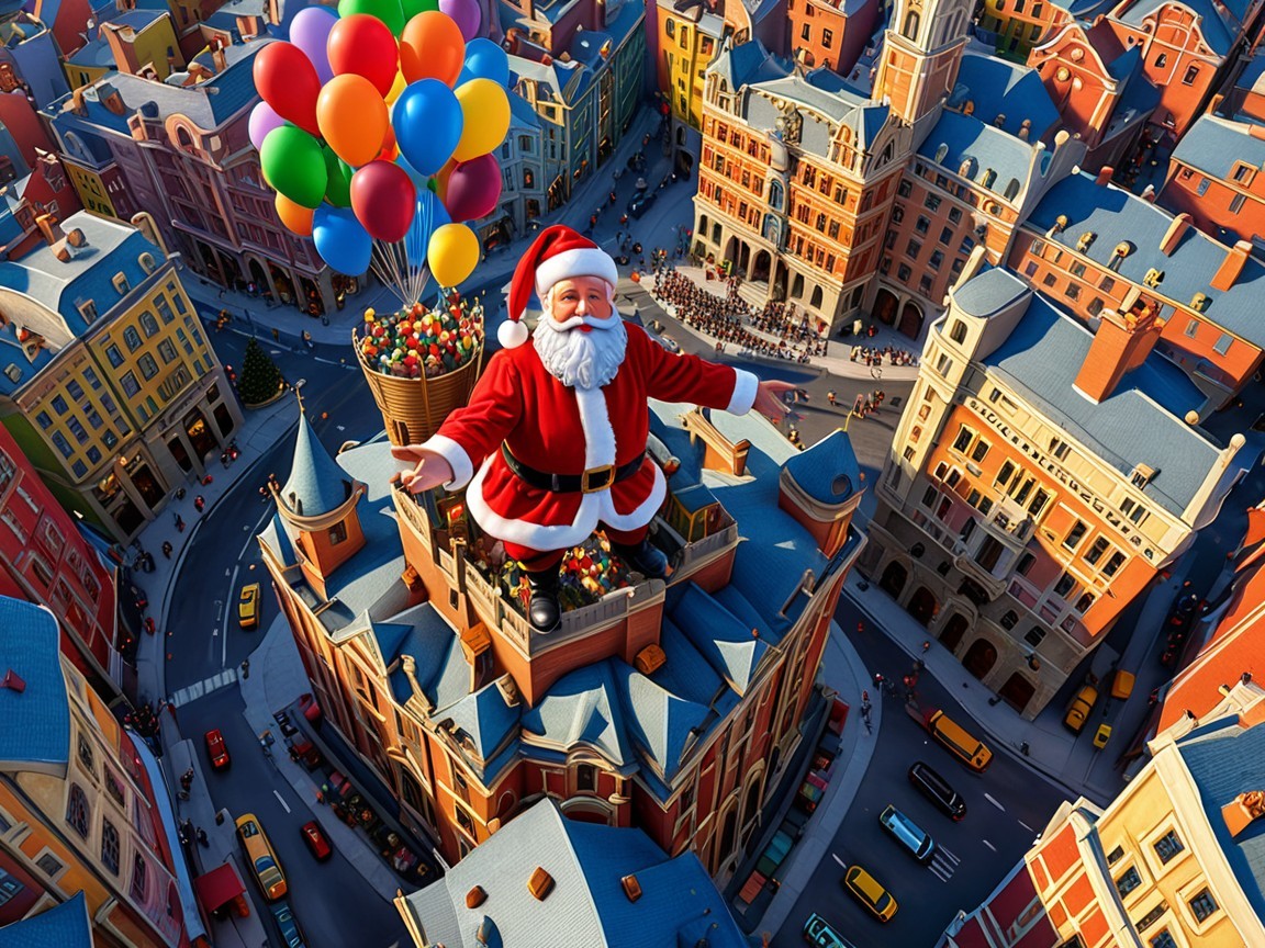 Aerial View of Giant Santa Claus on Rooftop with Balloons