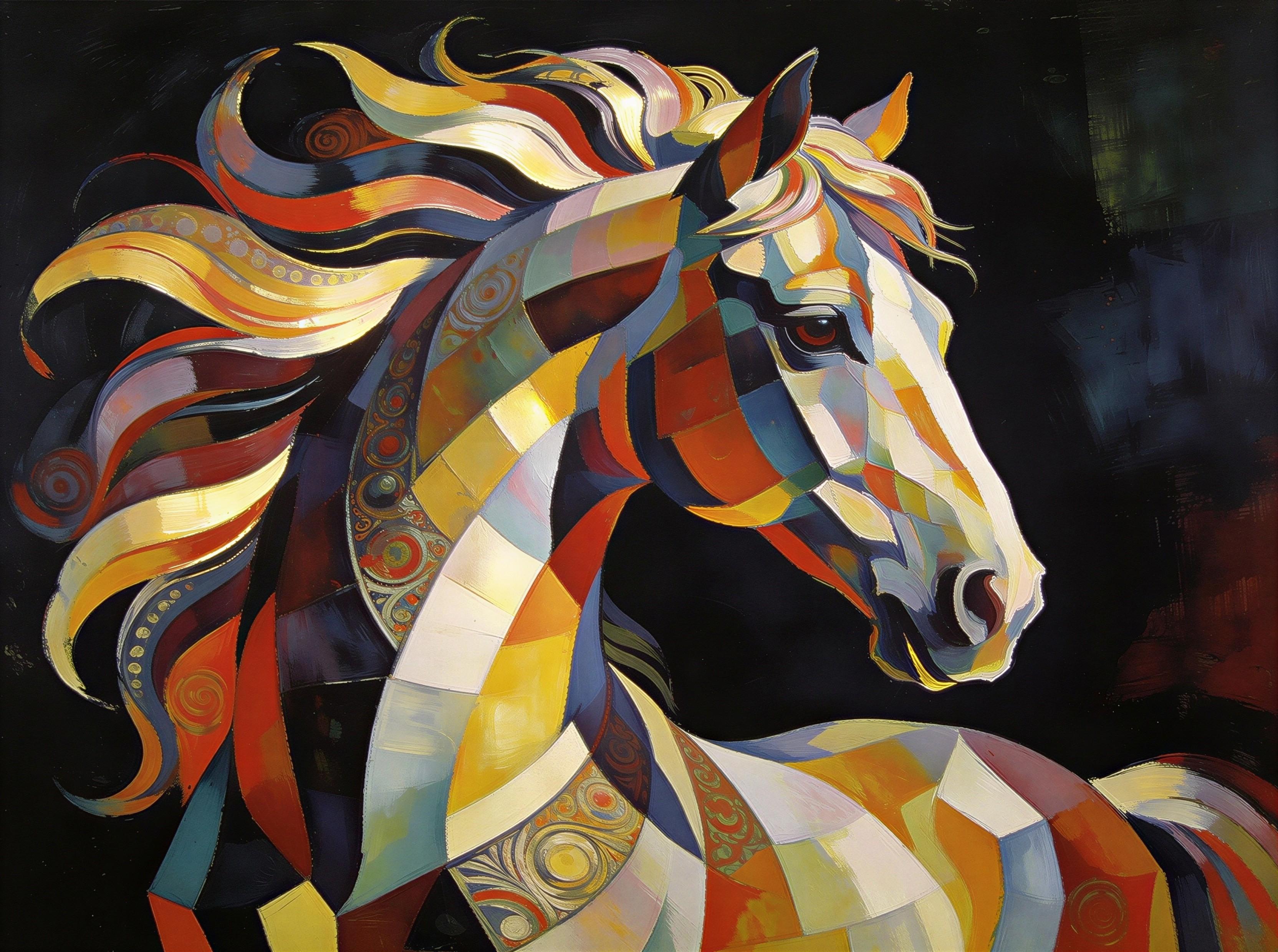 Vibrant Cubist Horse Painting with Geometric Shapes