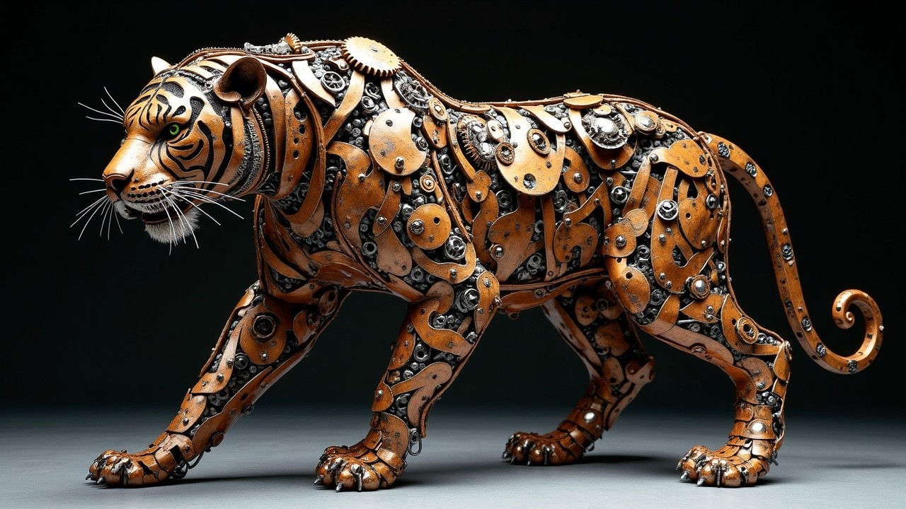 Steampunk Tiger Sculpture Crafted from Metal and Leather