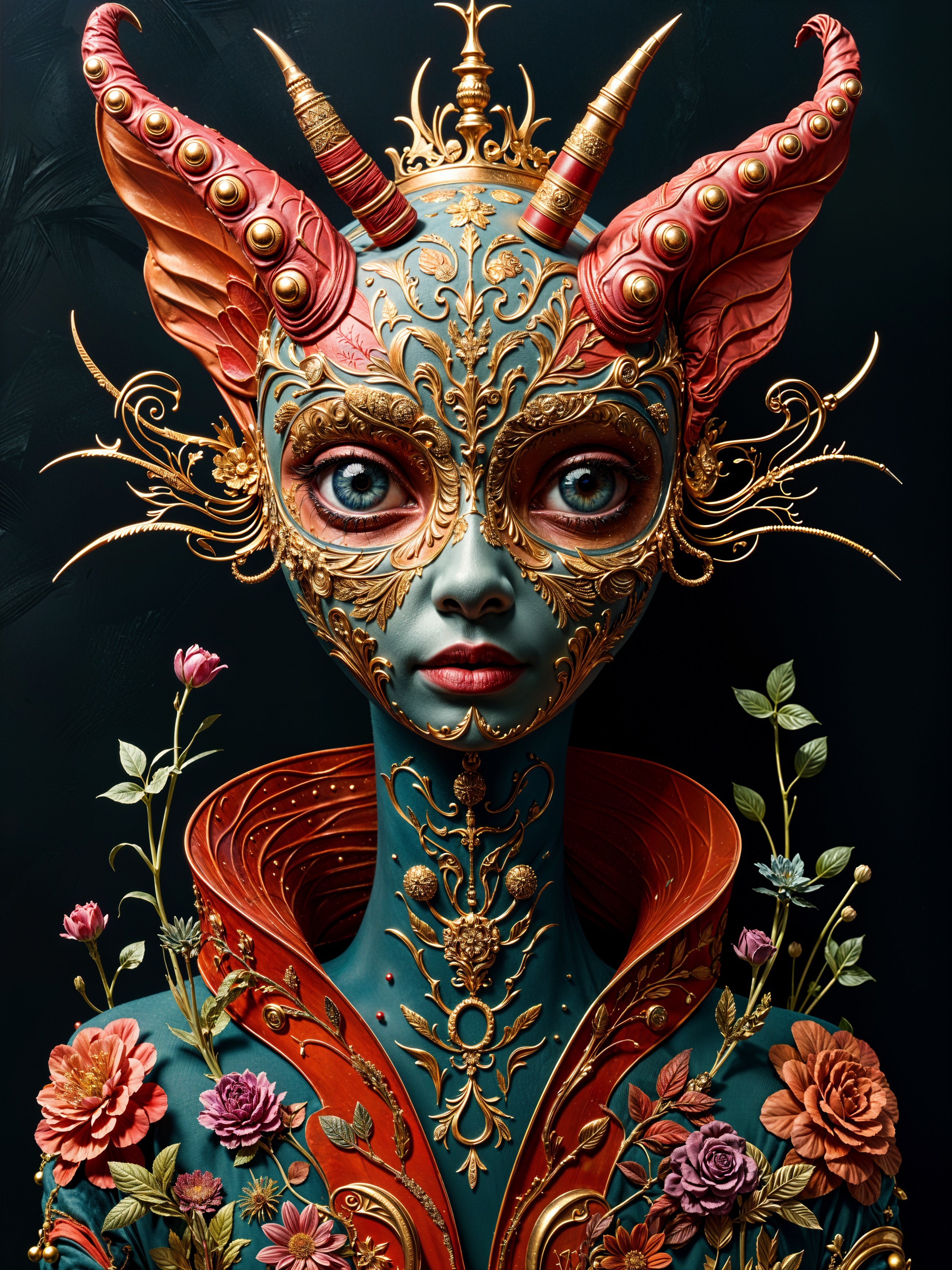 Fantastical figure with gilded embellishments and vibrant colors