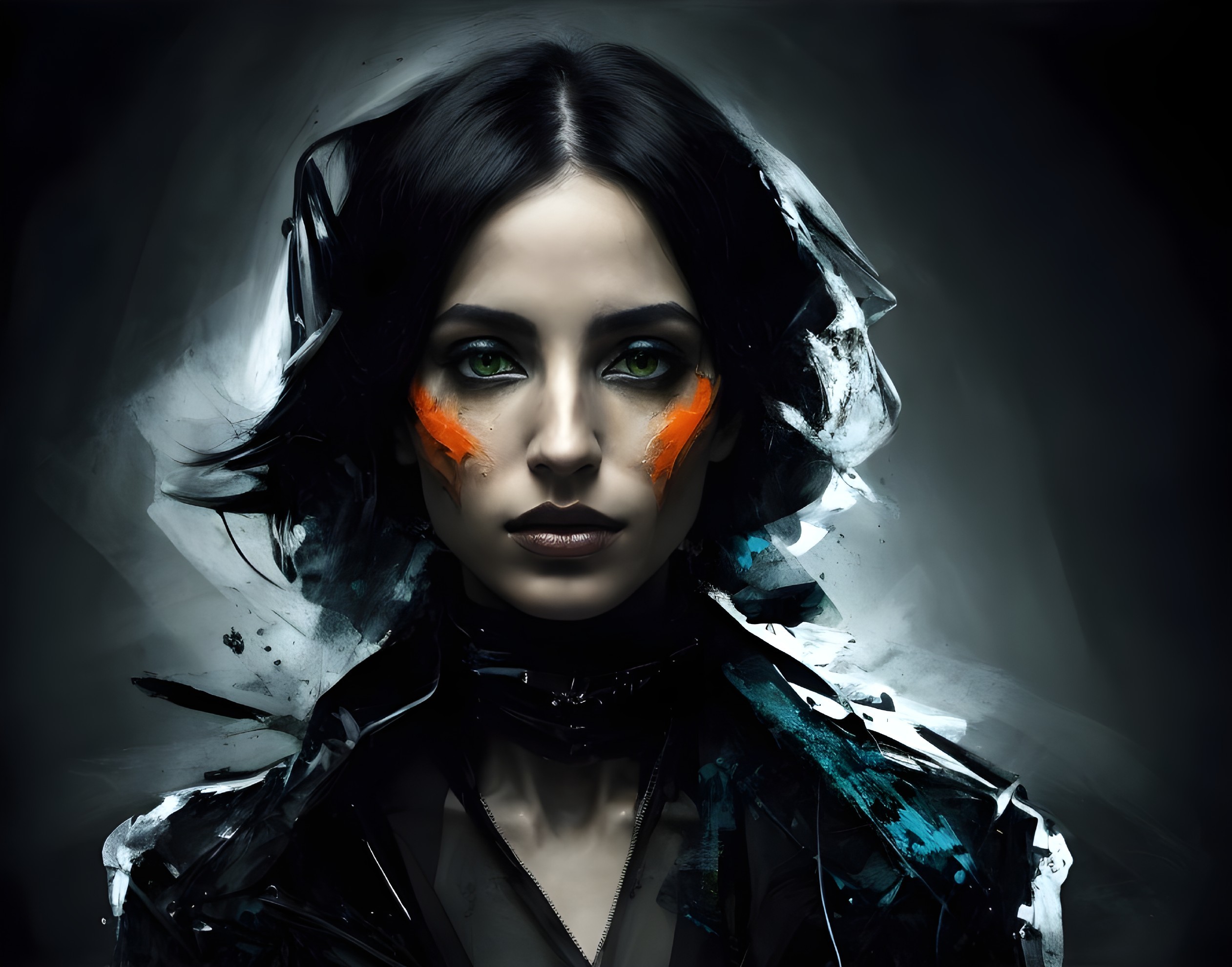 Digital artwork featuring woman with orange eye makeup and abstract black collar