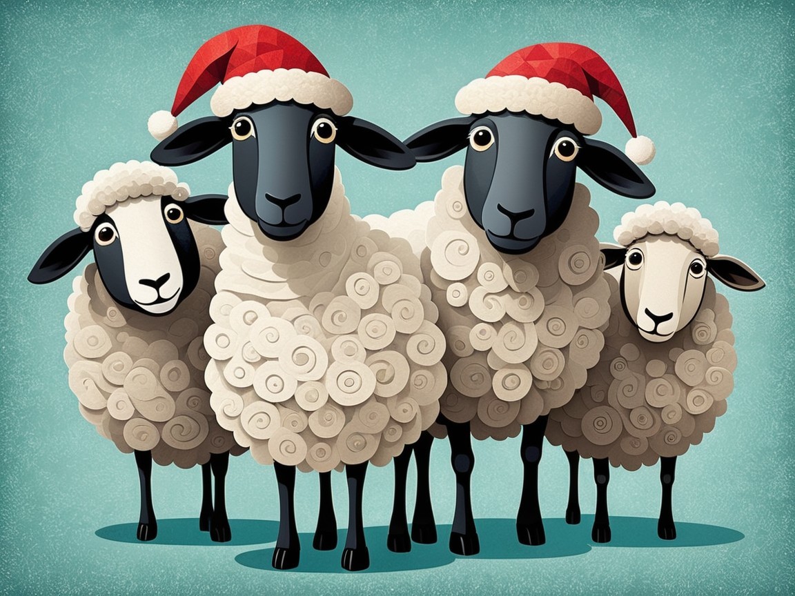 Cartoon Sheep with Santa Hats on Light Blue Background