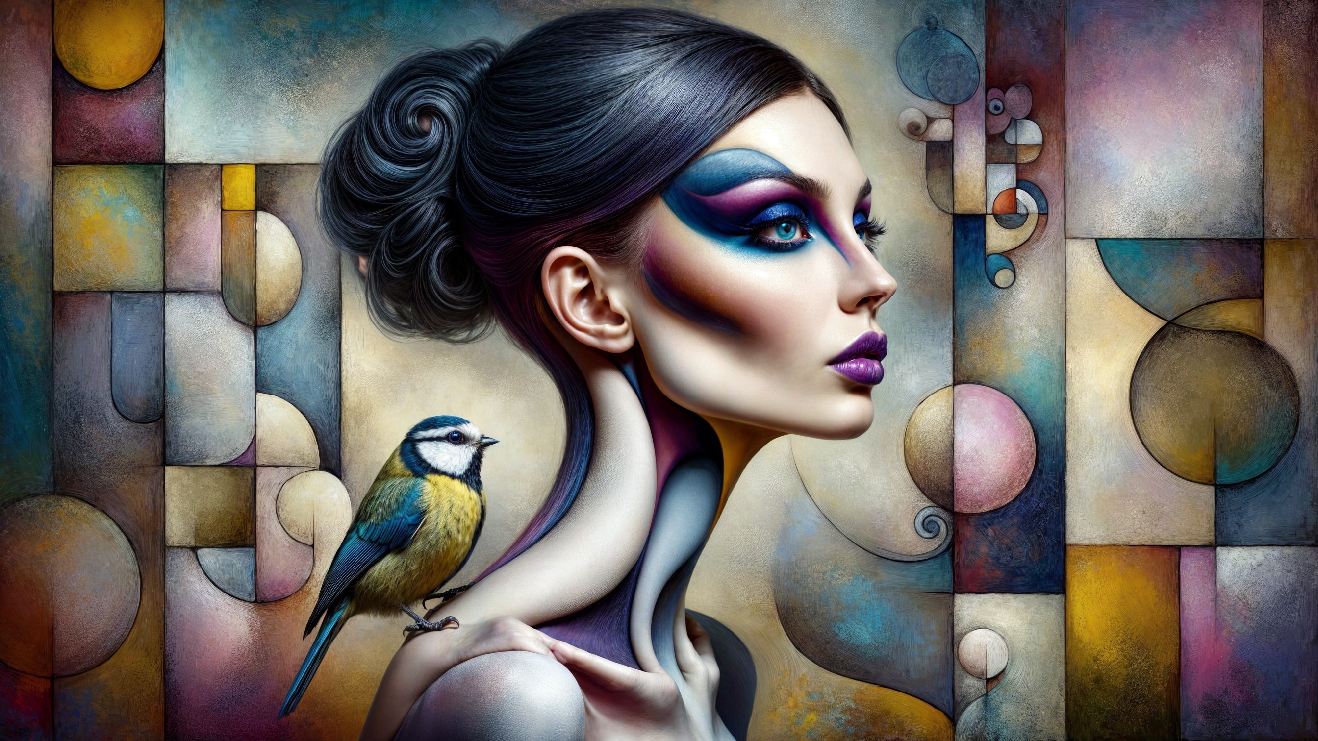 Female figure with bold makeup and abstract background