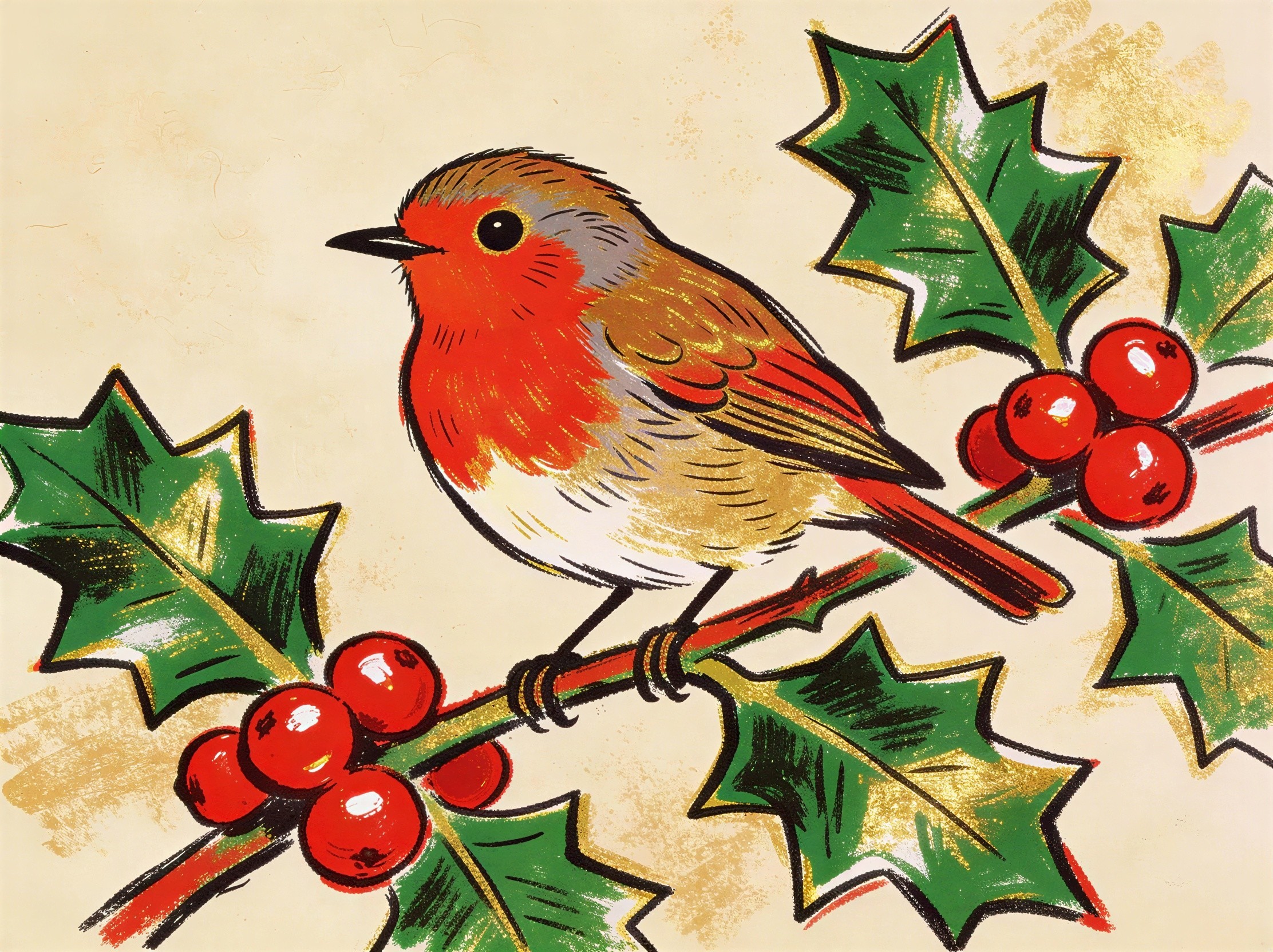 Textured Illustration of Robin on Holly Branch