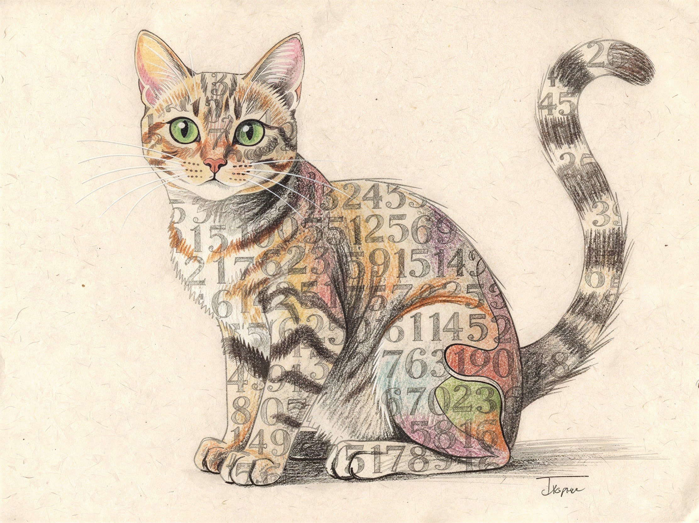 Colored Pencil Drawing of a Cat with Numbers and Color Patch