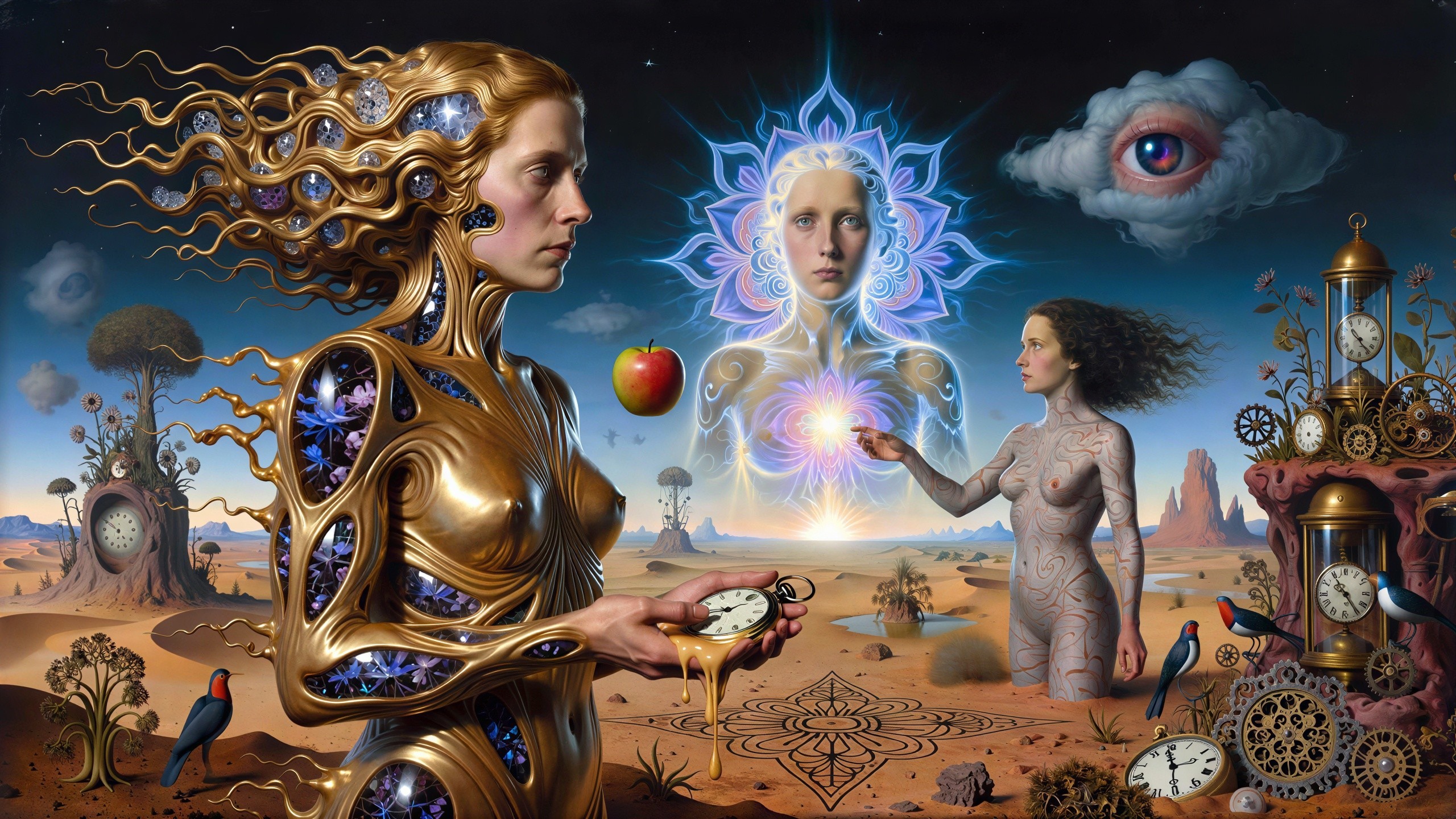 Surreal Desert Landscape with Figures and Objects