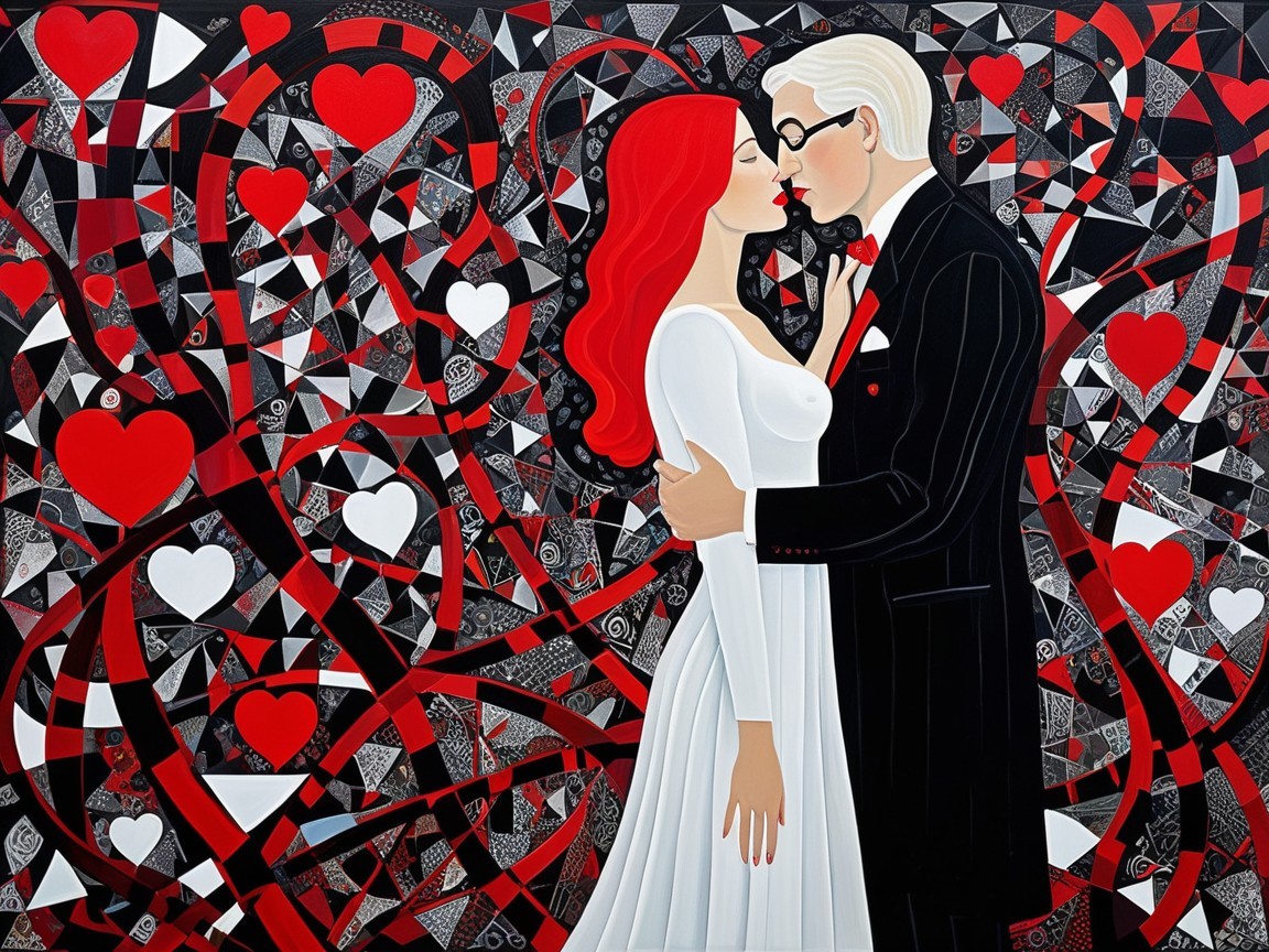 Stylized Couple Embracing with Hearts Background