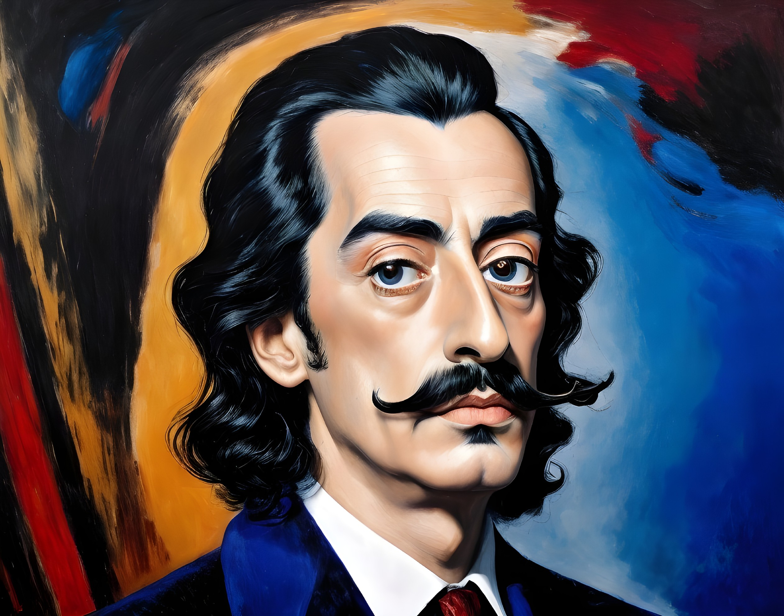 Colorful painting of a man with mustache and dark hair.