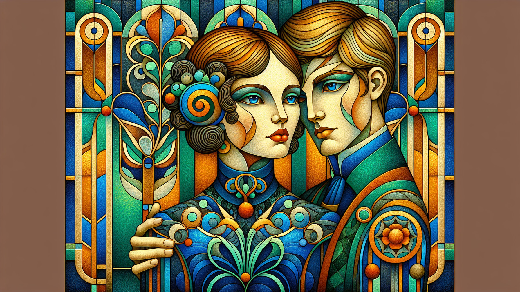 Stylized Couple Illustration with Vibrant Colors and Patterns