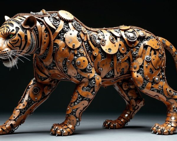 Steampunk Tiger Sculpture Crafted from Metal and Leather