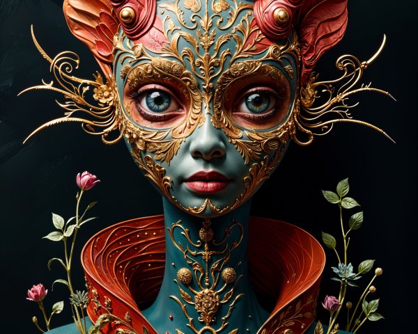 Fantastical figure with gilded embellishments and vibrant colors