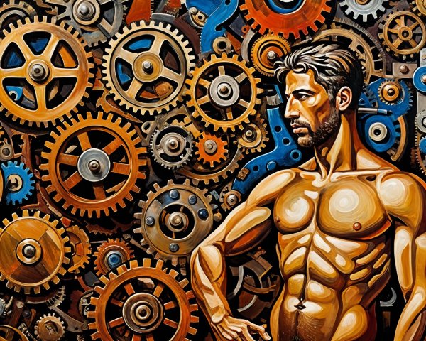 Muscular Man Against Intricate Gear Backdrop