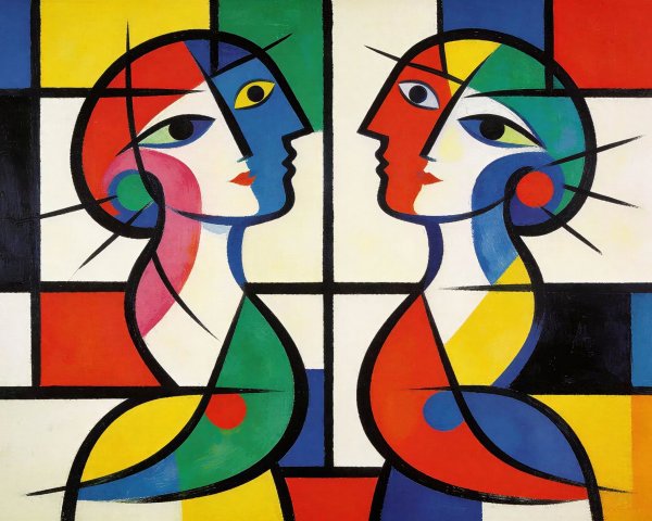 Cubist Painting of Two Women with Geometric Background