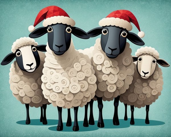 Cartoon Sheep with Santa Hats on Light Blue Background