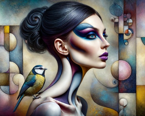 Female figure with bold makeup and abstract background