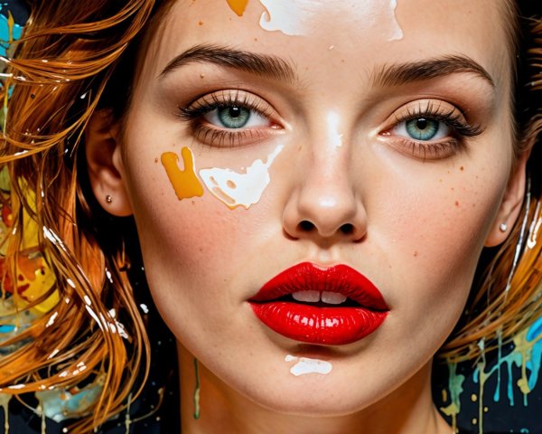 Portrait of a Young Woman with Blue Eyes and Red Lips