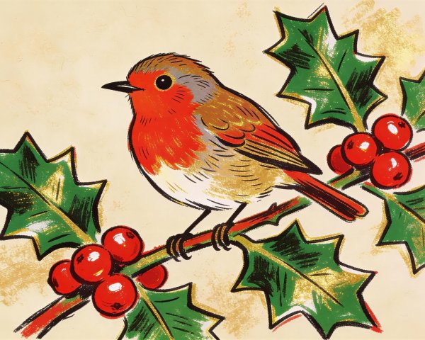 Textured Illustration of Robin on Holly Branch