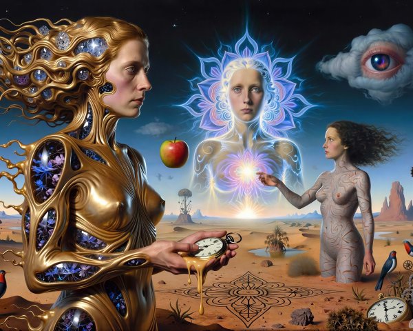 Surreal Desert Landscape with Figures and Objects