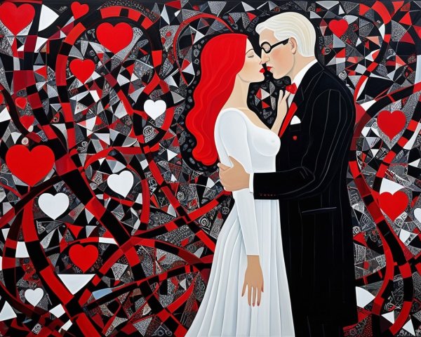 Stylized Couple Embracing with Hearts Background