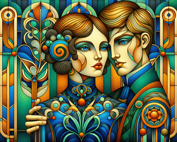 Stylized Couple Illustration with Vibrant Colors and Patterns