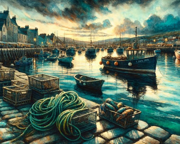 Twilight Harbor Scene with Boats and Rustic Buildings