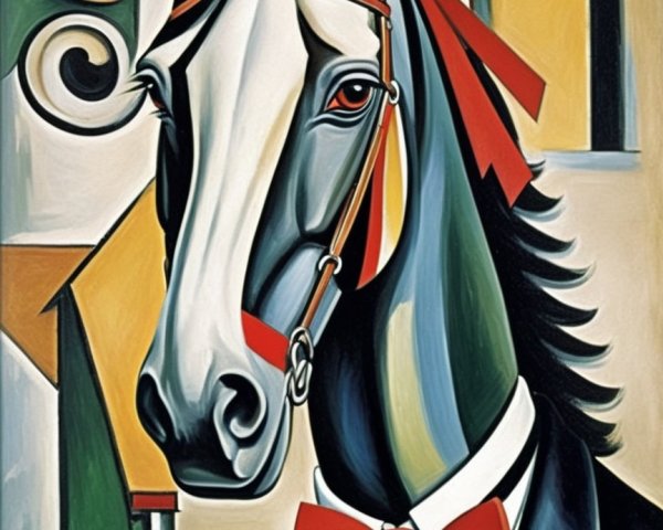 Cubist-Style Horse in Formal Attire with Abstract Background