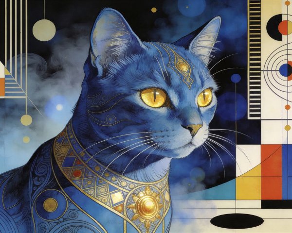 Navy Blue Egyptian Cat with Art Deco Patterns