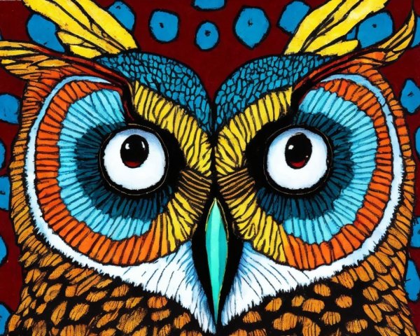 Colorful Owl Illustration with Bold Patterns and Colors