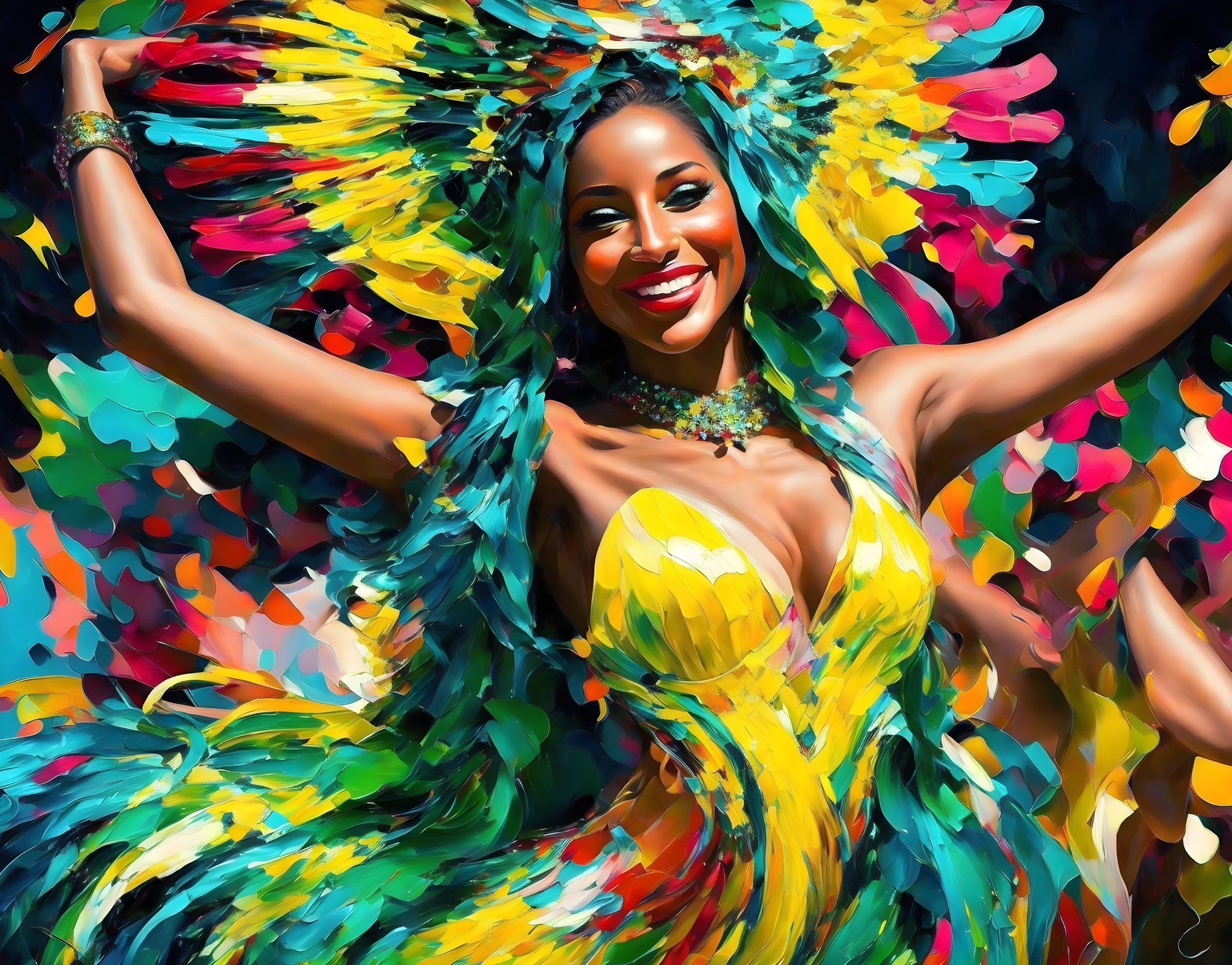 Colorful Carnival Costume Painting of Smiling Woman
