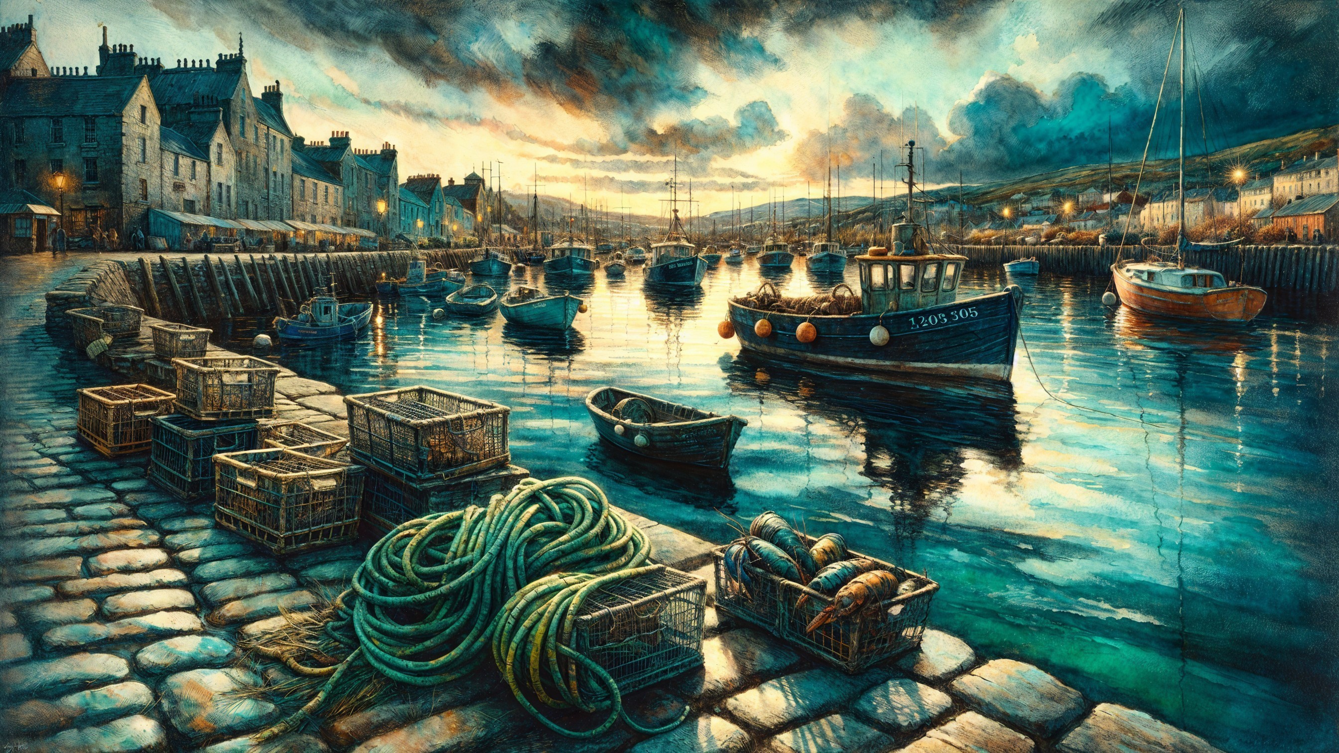 Twilight Harbor Scene with Boats and Rustic Buildings