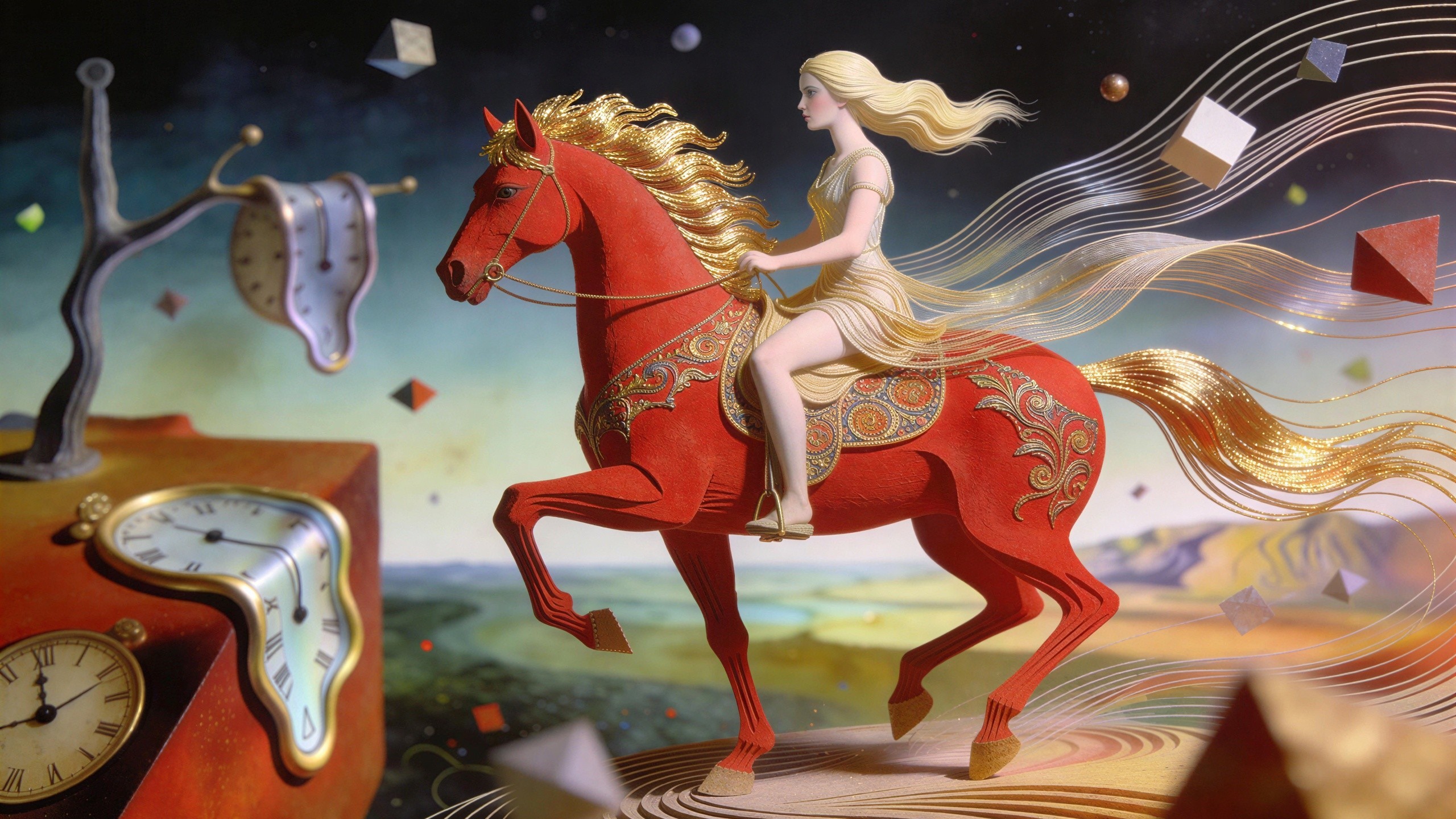 Surrealist Painting of Woman on Red Horse in Dark Landscape