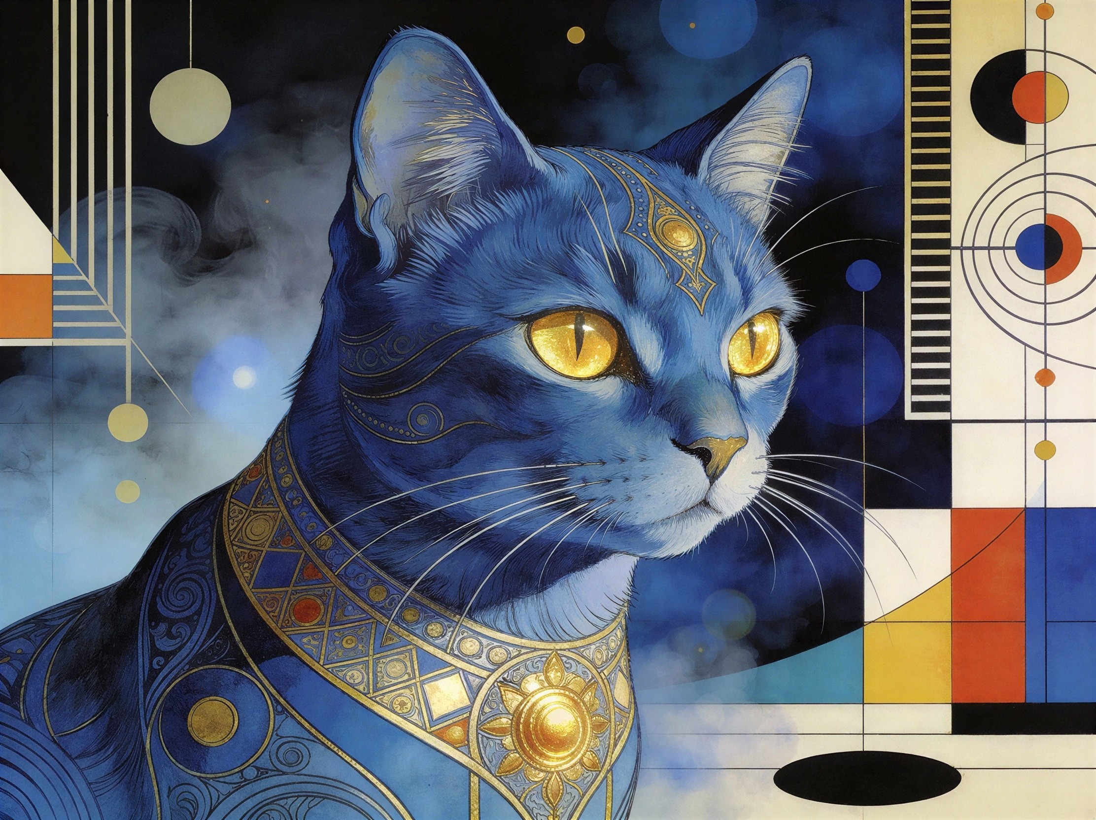 Navy Blue Egyptian Cat with Art Deco Patterns